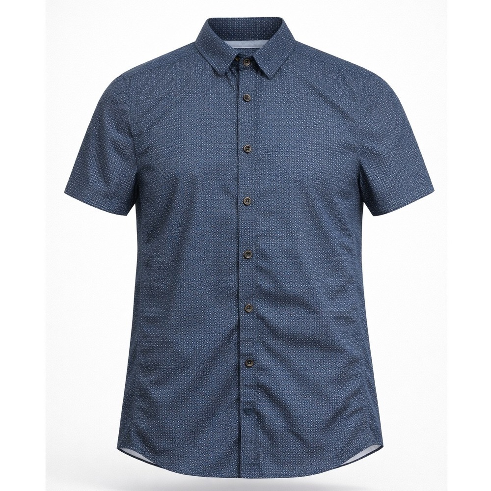 JB Holt Button Front Shirt Mens Medium Blue Geometric Micro Dot Short Sleeve